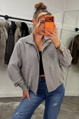 oversized autumn bomber jacket with long sleeves check print styledup uk
