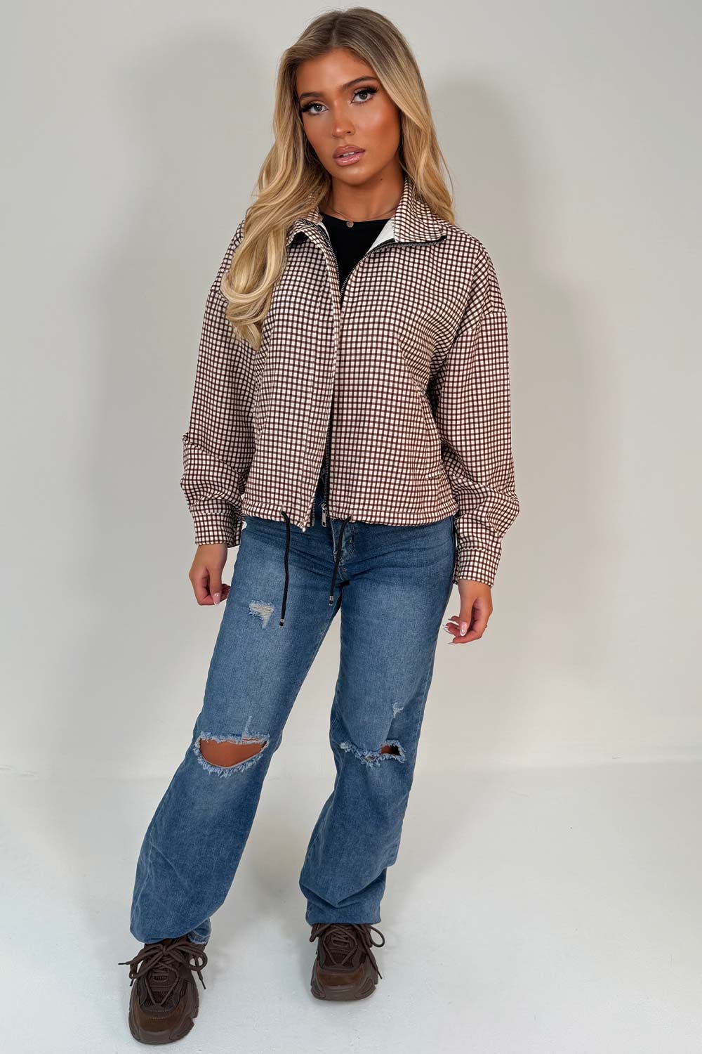 womens brown checked jacket with drawstring hem styledup uk