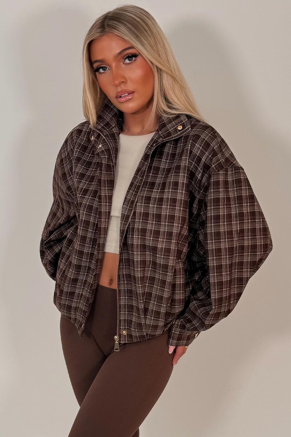 womens checkered bomber jacket with funnel neck 
