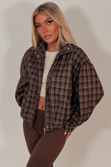 womens checkered bomber jacket with funnel neck 