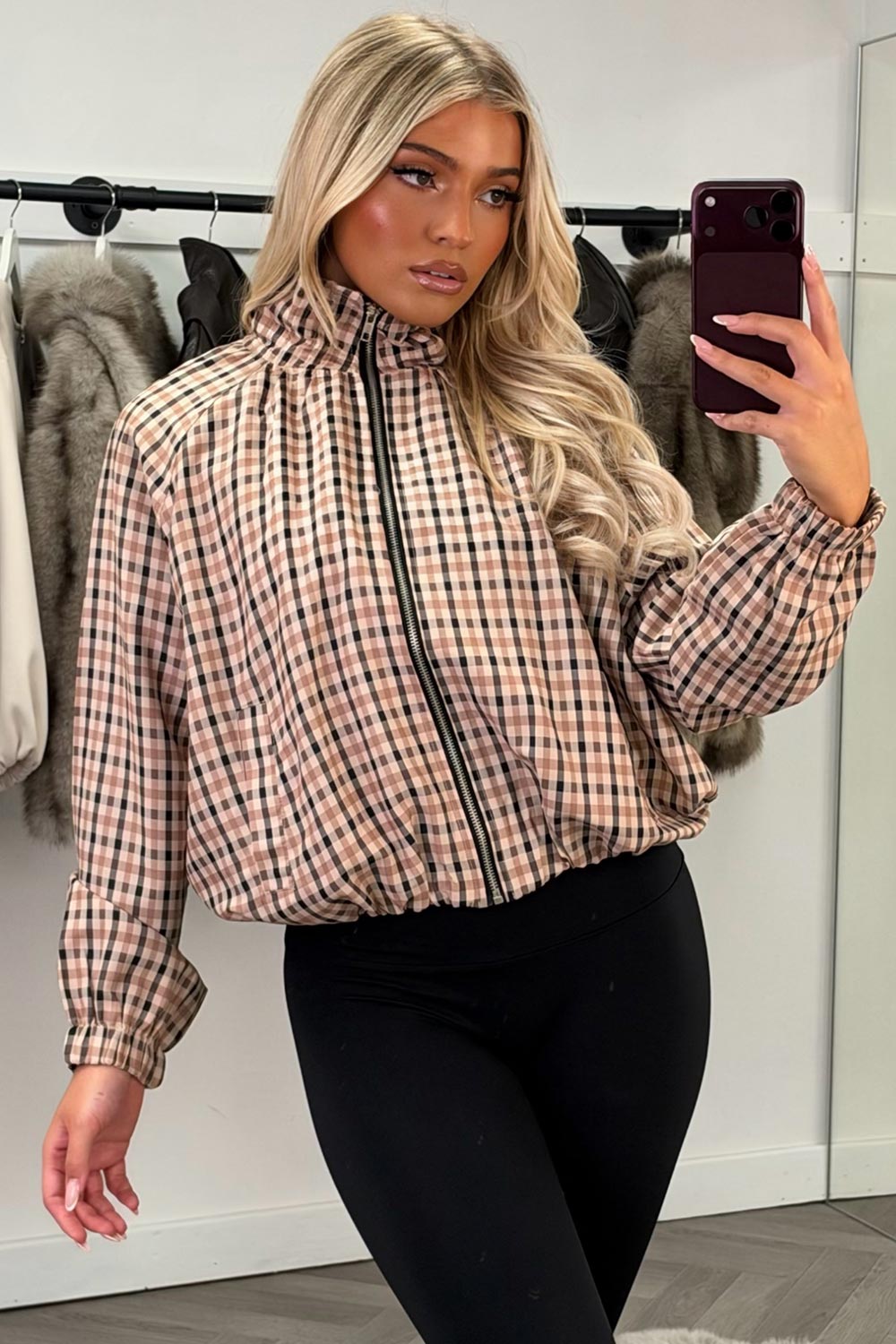 womens funnel neck jacket checked styledup uk