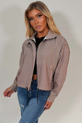 stradivarius checked technical jacket brown checked print styledup uk