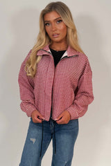 womens windbreaker red jacket check print stradivarius uk