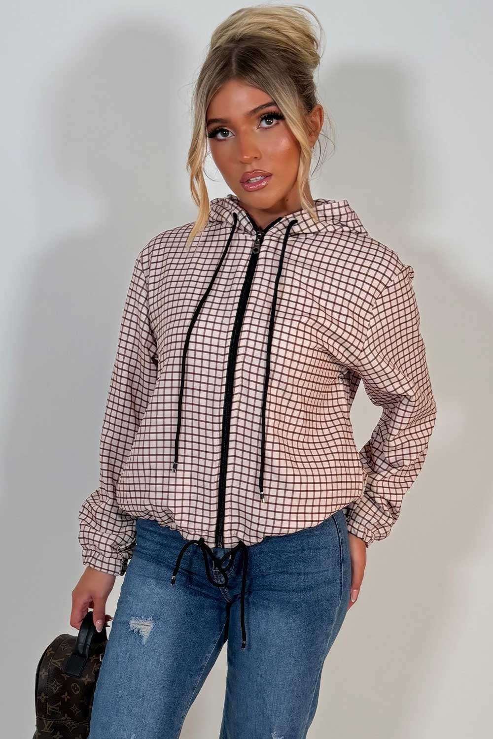 womens hooded windbreaker jacket check print stradivarius uk