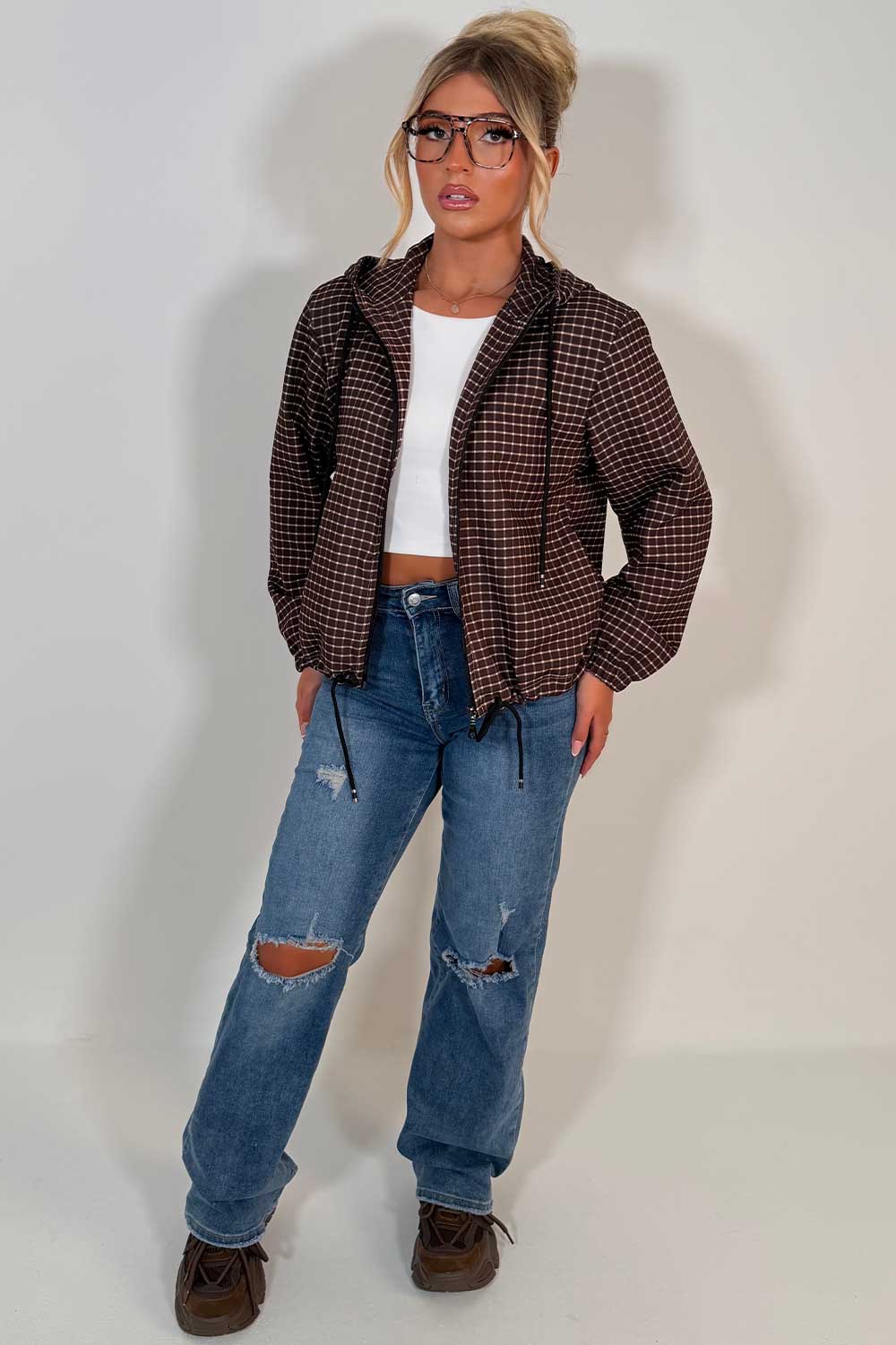 womens hooded checked jacket brown styledup uk