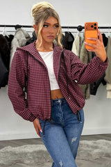 womens hooded checked jacket burgundy styledup uk
