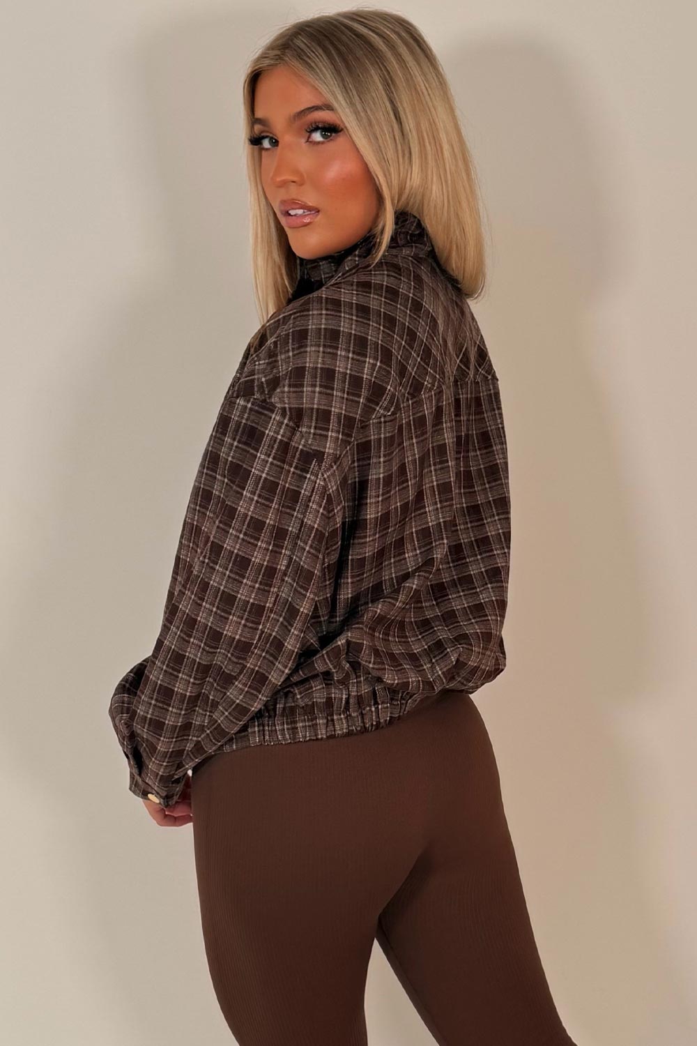 womens oversized check bomber jacket styledup uk
