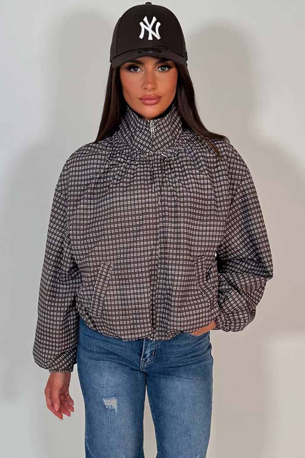 checkered funnel neck windbreaker jacket zara womens uk styledup 