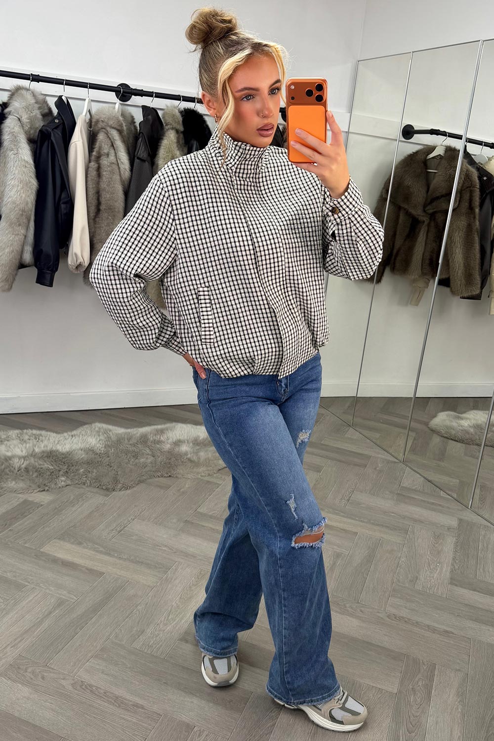womens check print oversized autumn jacket with elasticated waist styledup uk