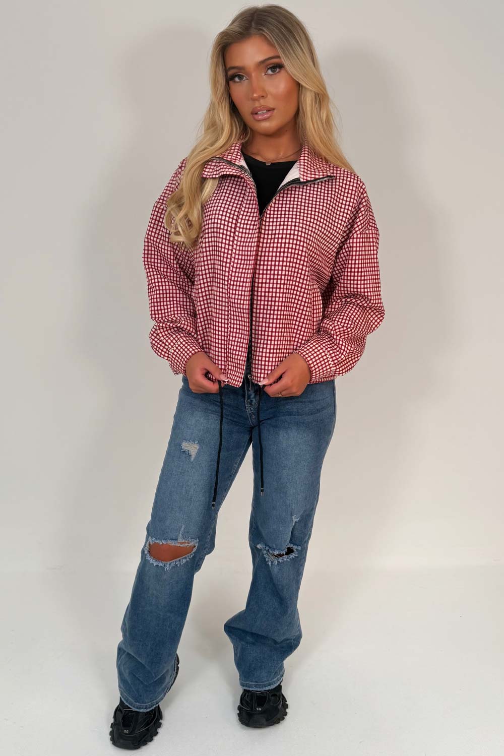 womens red checked jacket with long sleeves drawstring hem styledup uk