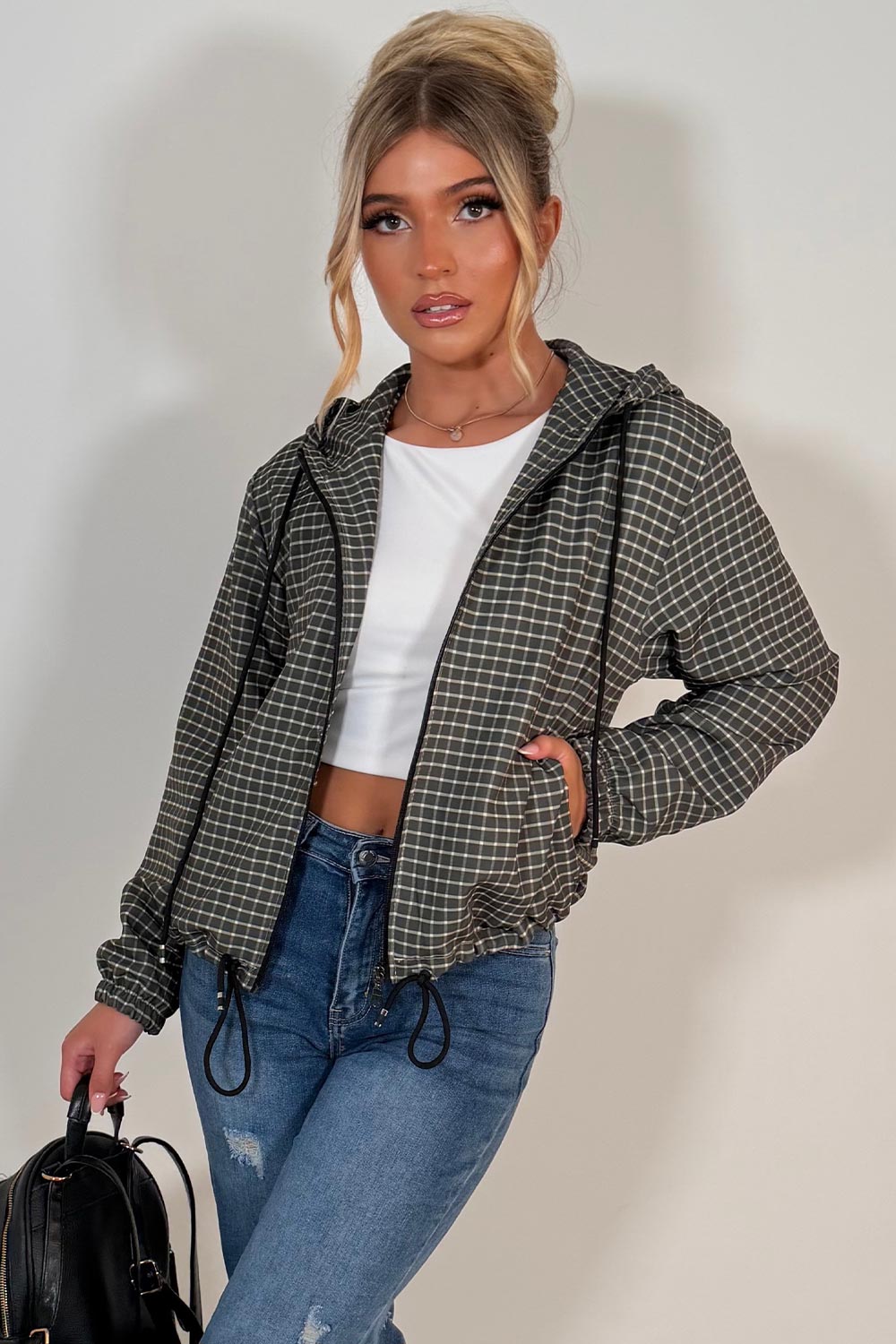 womens khaki checked jacket with hood styledup uk