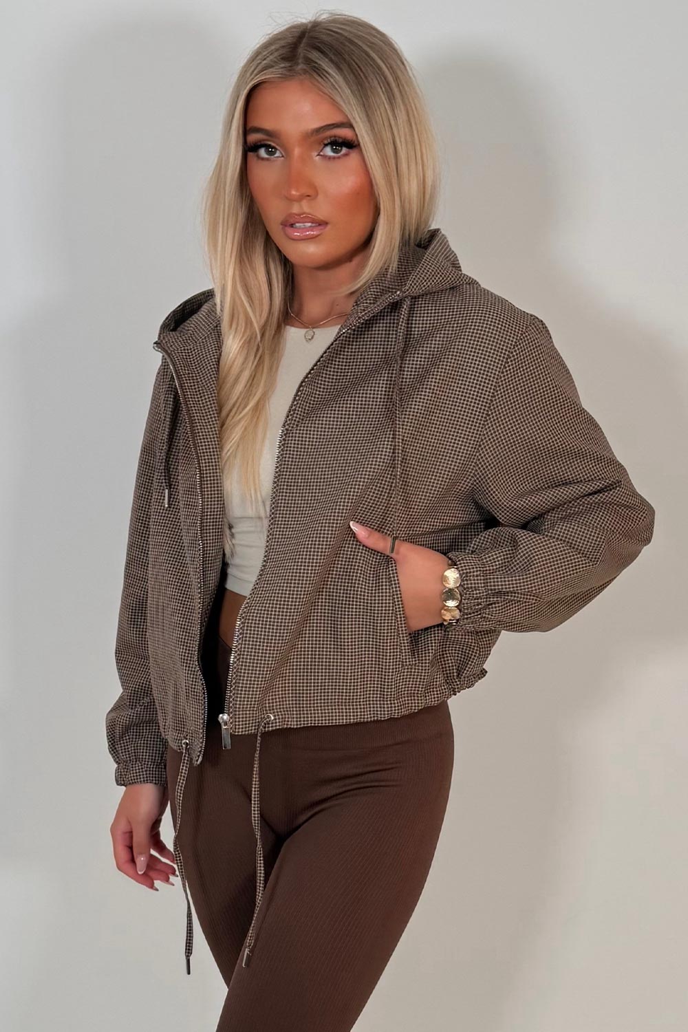 womens hooded brown check jacket styledup uk