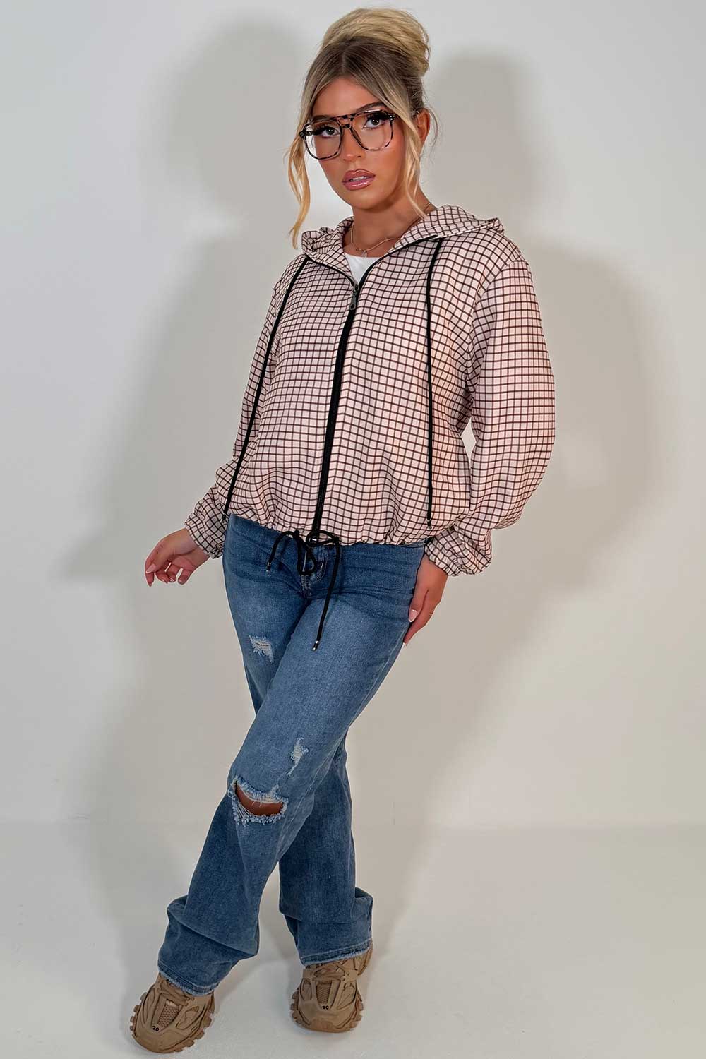 womens brown checked jacket with hood styledup uk