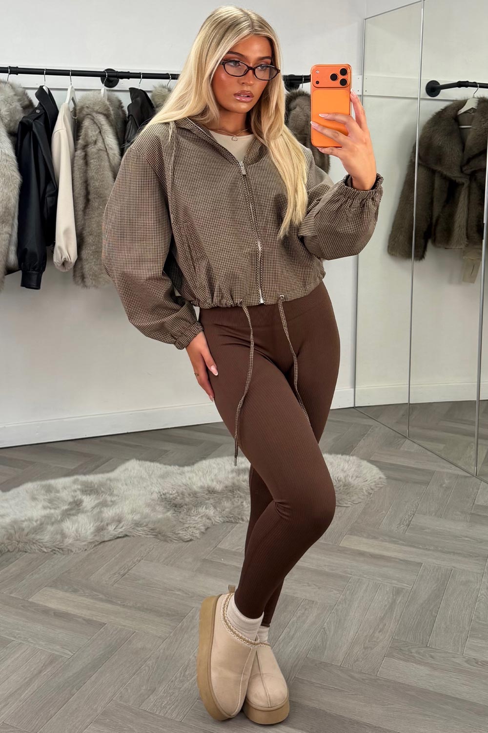 brown check print hooded jacket styledup uk
