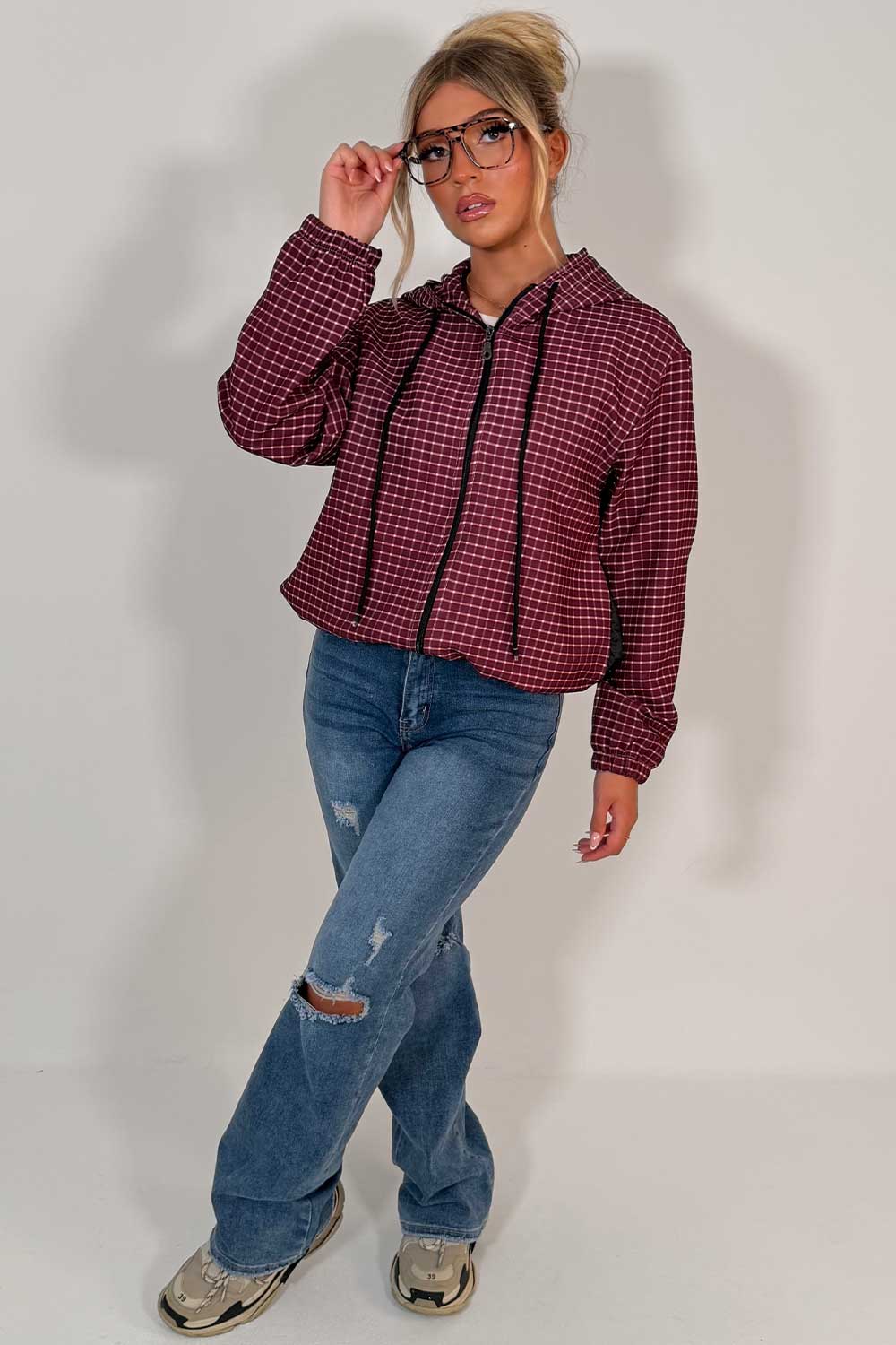 womens hooded windbreaker jacket check print stradivarius uk