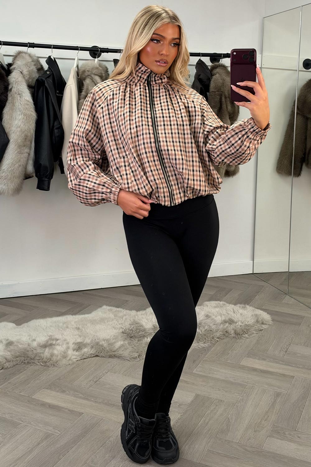 transitional funnel neck jacket checked print for womens cernucci styledup uk  