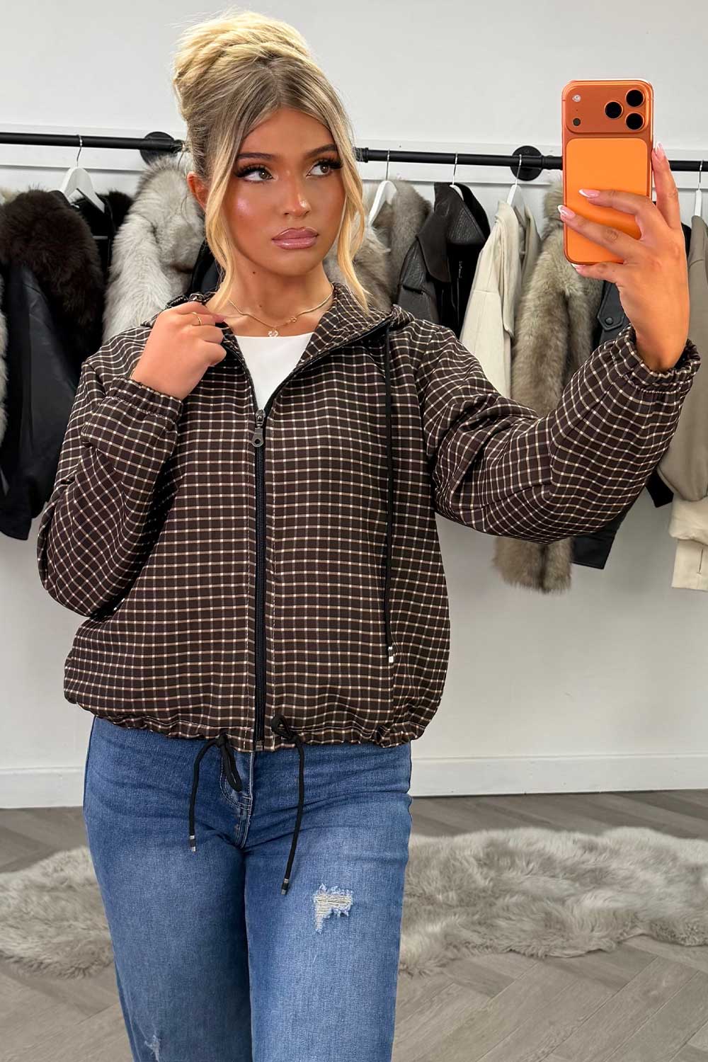 womens hooded checked jacket windbreaker festival outfit styledup