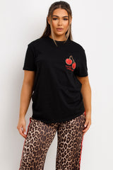 cherry print graphic black t shirt womens