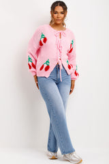 cherry knit tie knot front cardigan pink