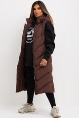 brown long padded gilet womens uk