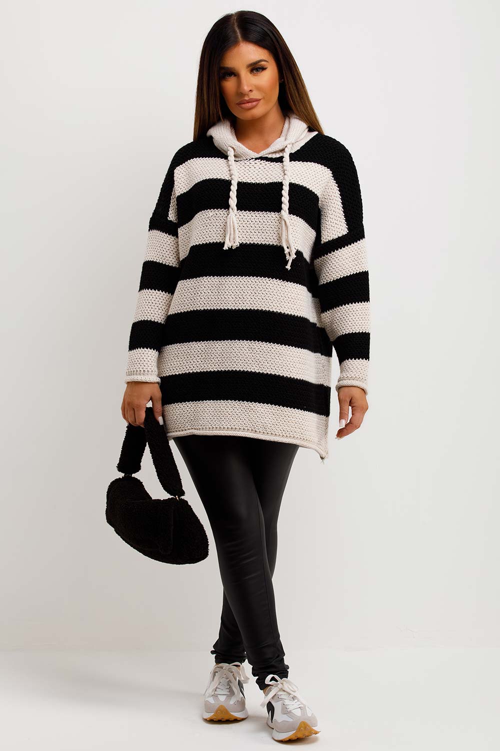 womens knitted hooded jumper in stripes
