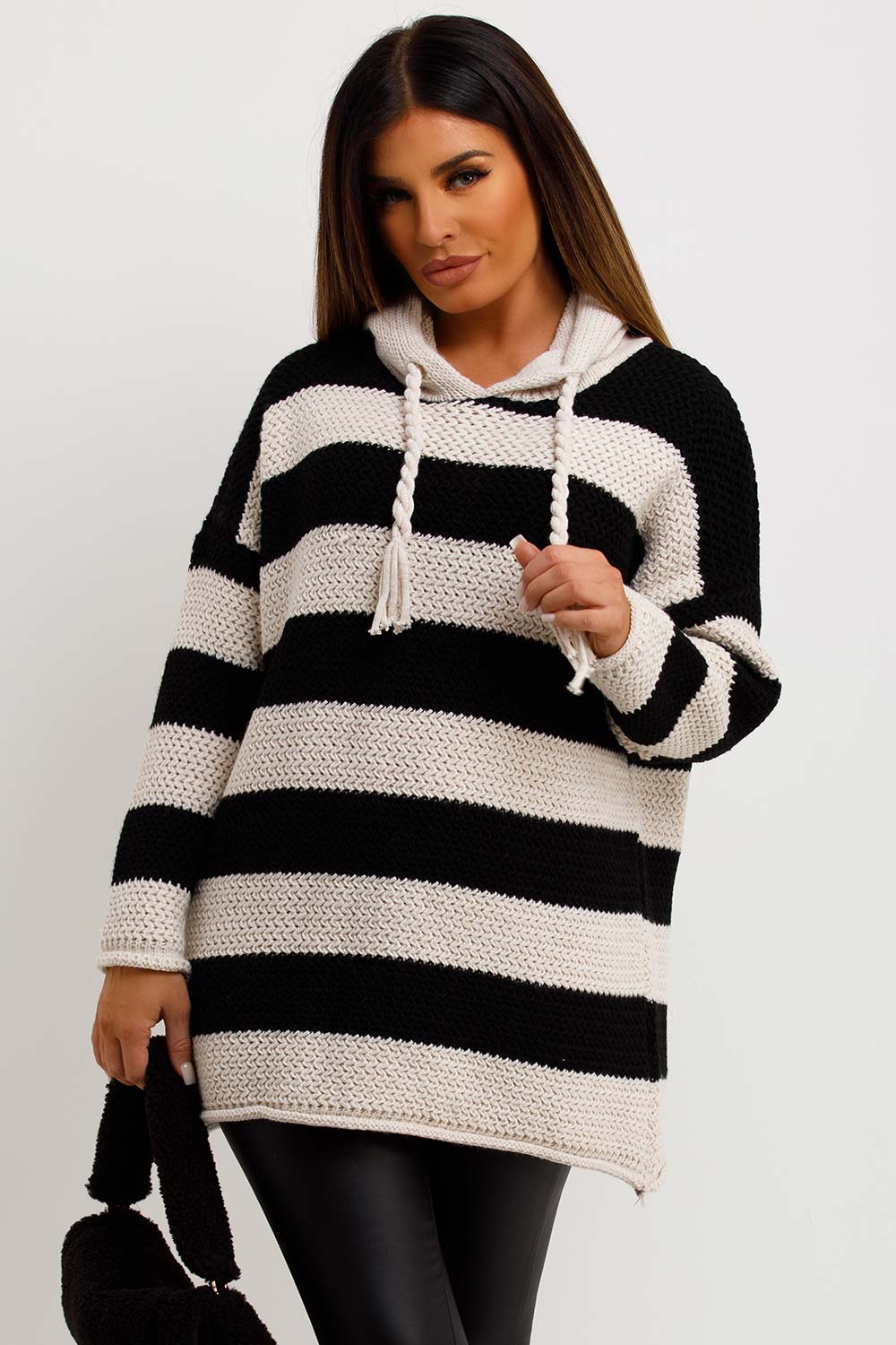 womens striped hooded chunky knit jumper