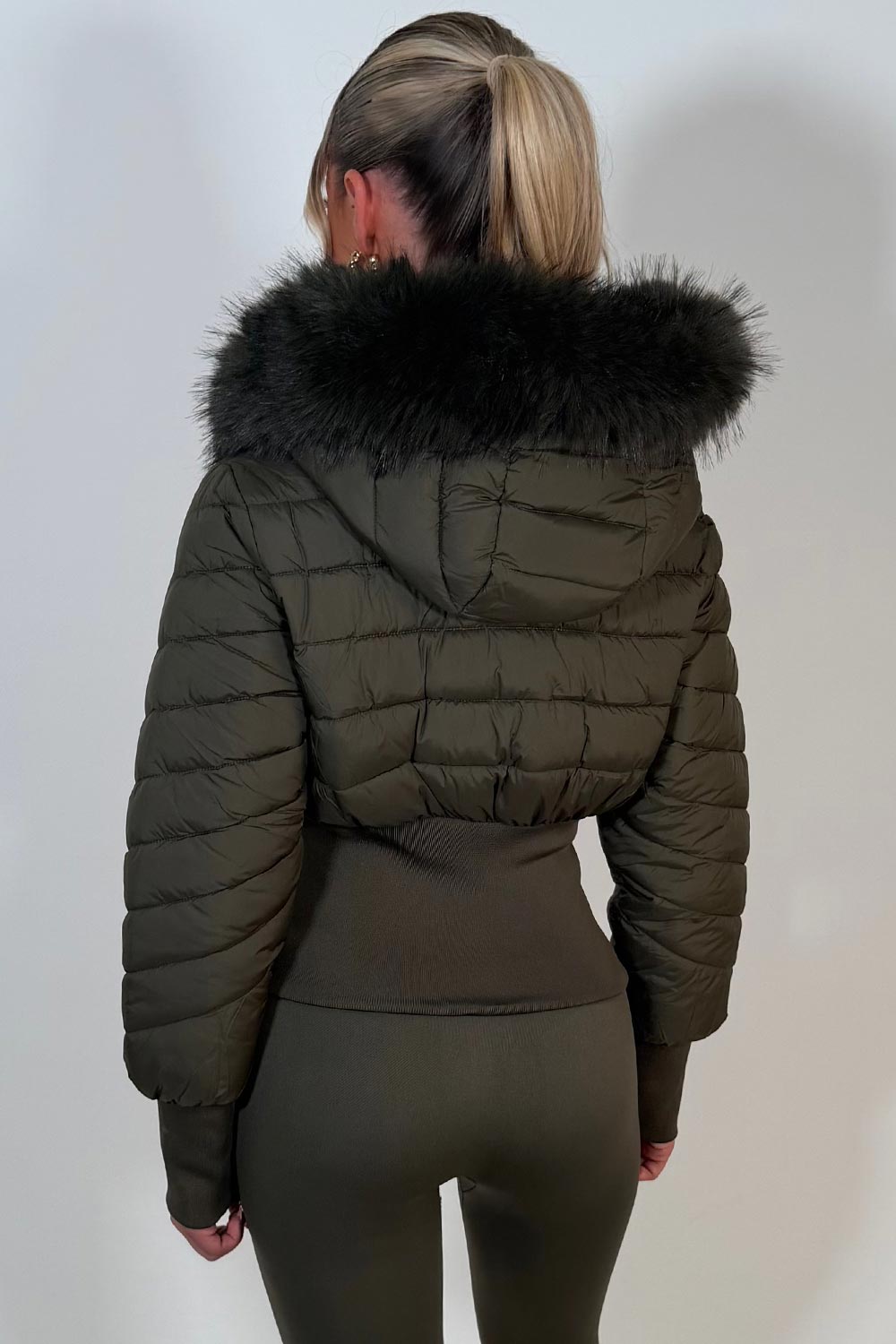 faux fur hooded padded puffer jacket khaki styledup uk