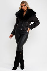 black fur collar corset detail jacket styledup uk