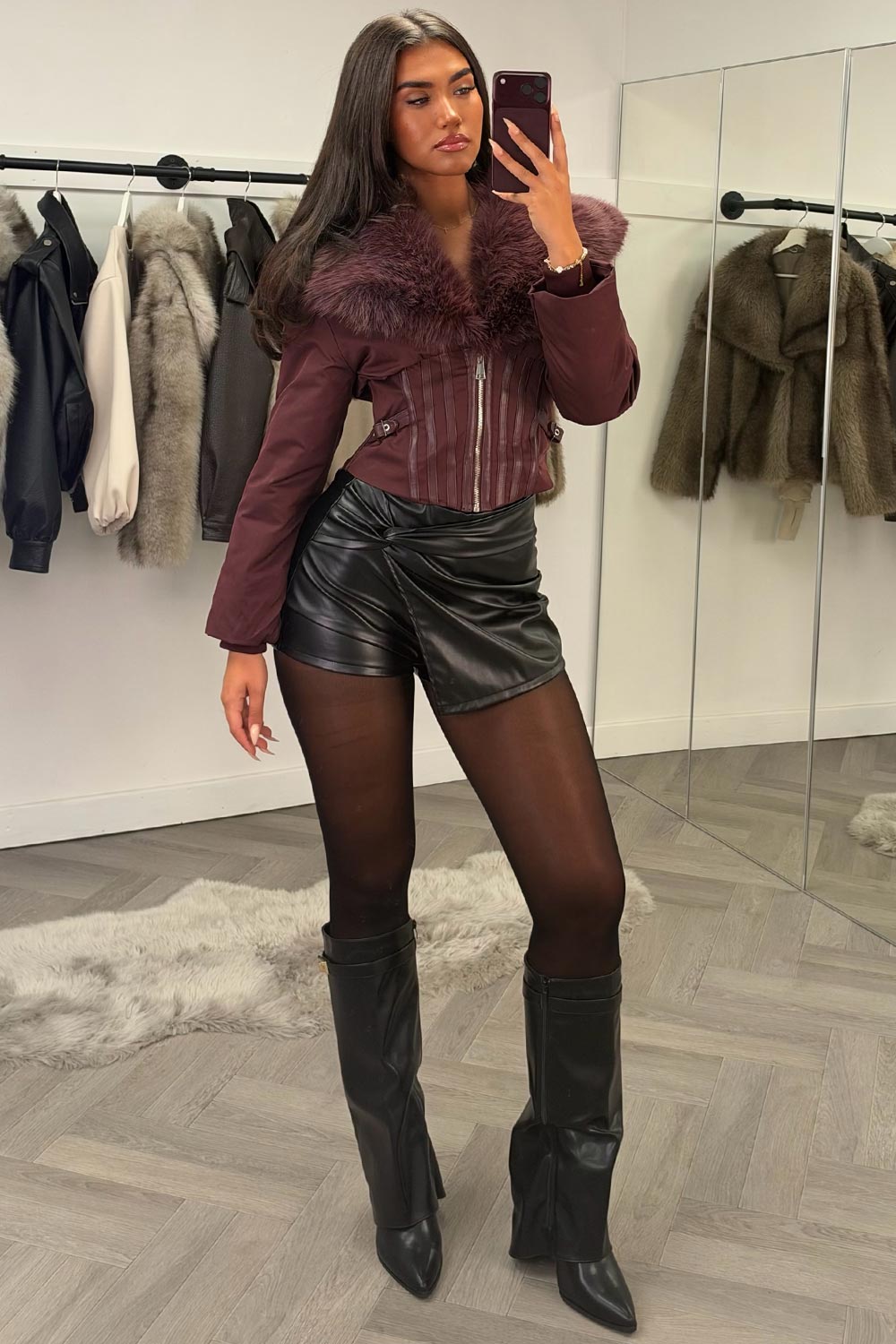 corset bodice structured detail fur collar crop jacket for womens burgundy styledup uk