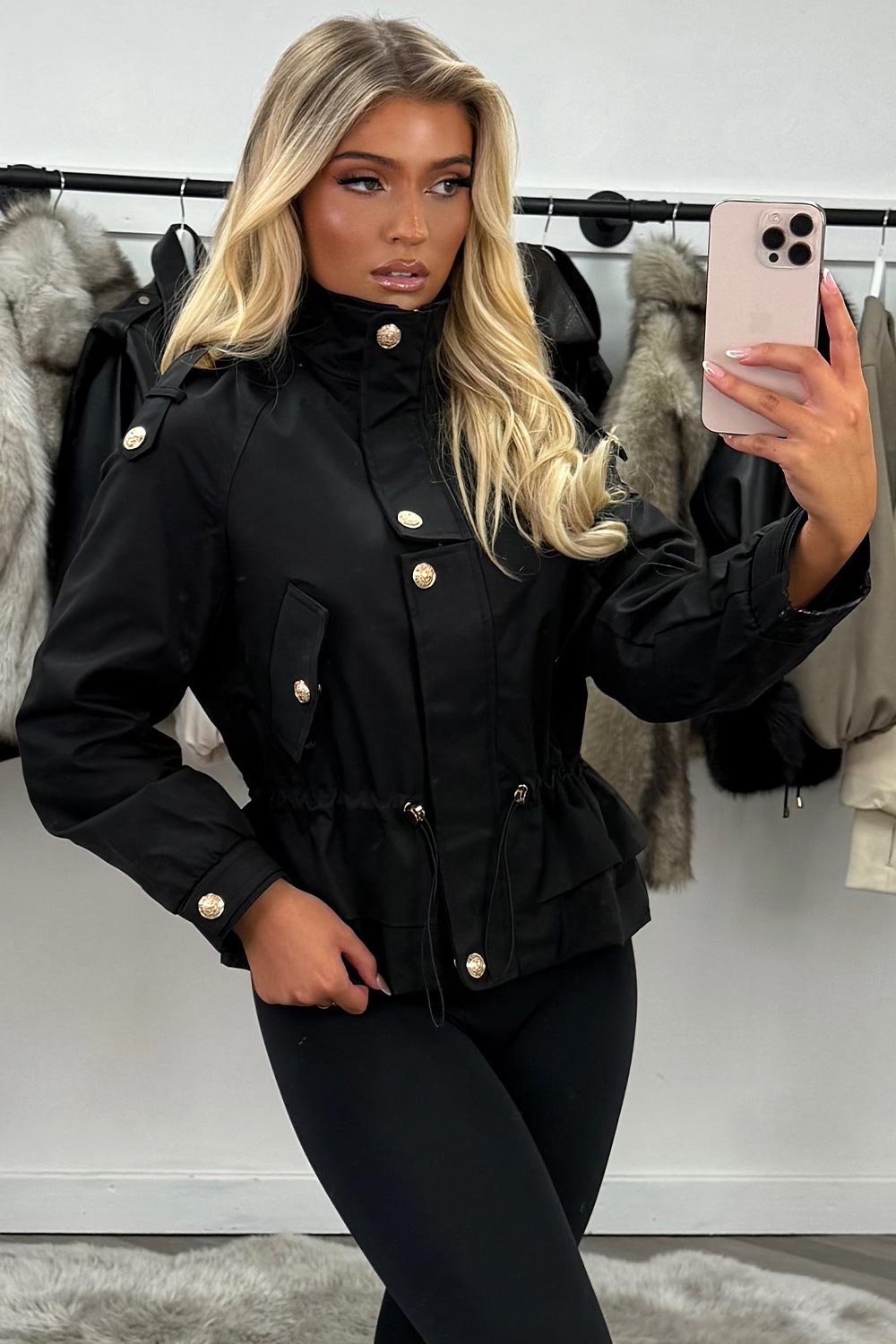 womens black funnel neck jacket with drawstring waist styledup uk
