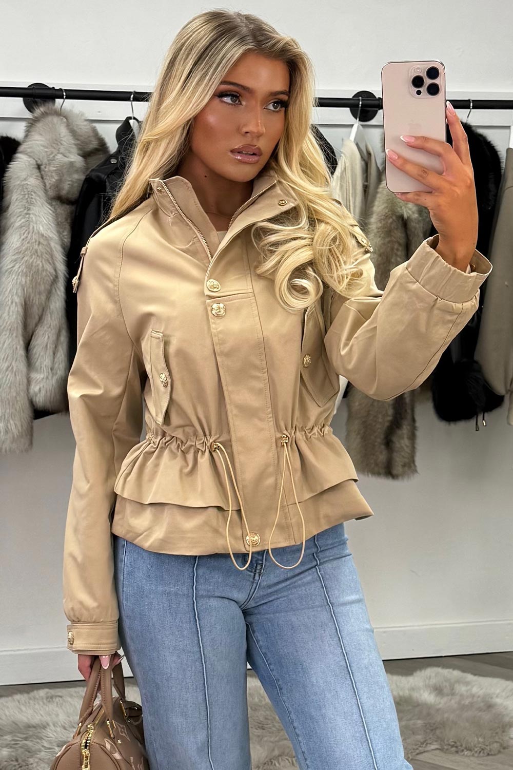 womens gold button funnel neck beige jacket styledup uk