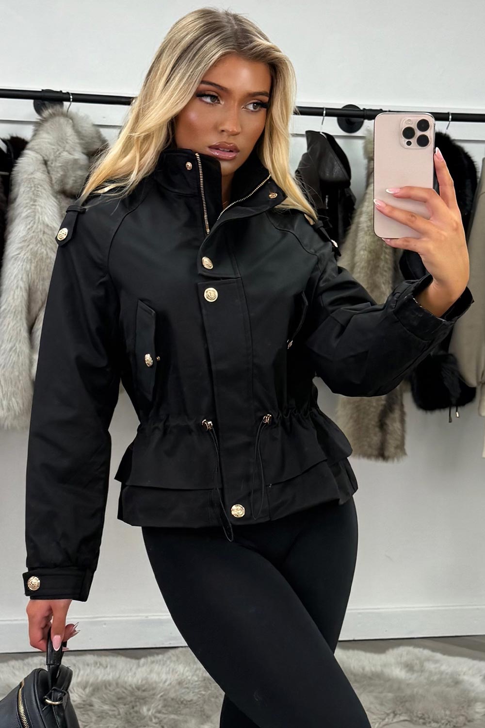 womens black funnel neck jacket with drawstring waist styledup uk
