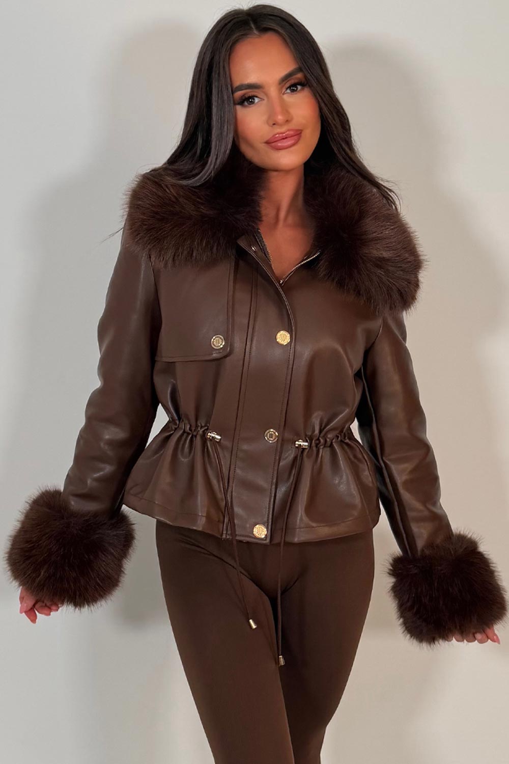 faux leather faux fur collar and cuff winter jacket trendy outerwear for womens uk styledup