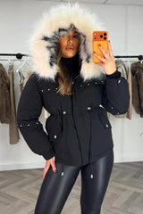 faux fur hood winter jacket with drawstring waist womens styledup 