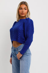 womens cable knit puff shoulder jumper top knitwear