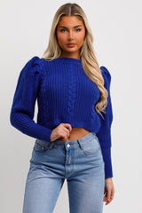 womens cable knit puff shoulder jumper royal blue
