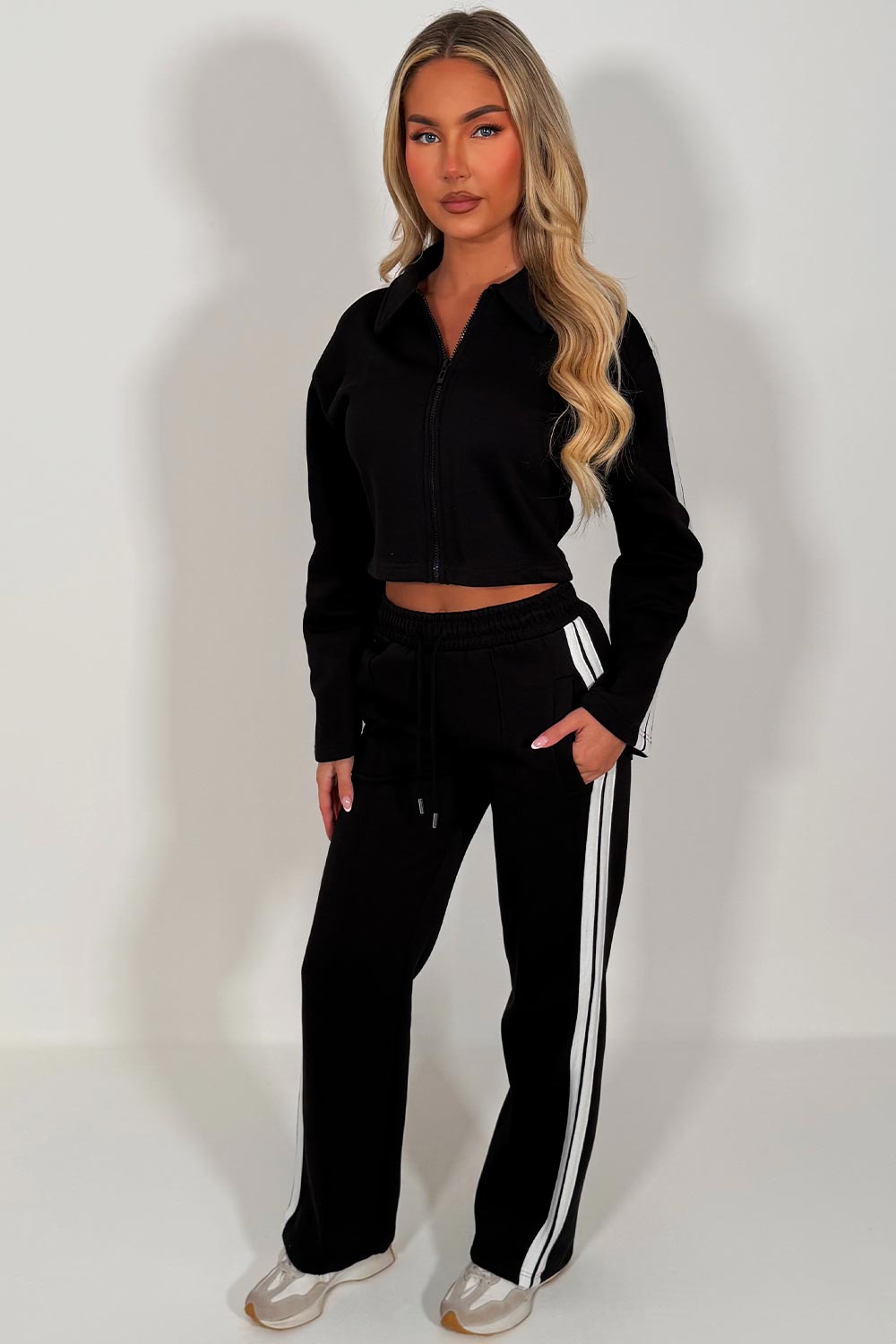 side stripe crop zip up sweatshirt and wide leg joggers tracksuit co ord styledup uk white fox
