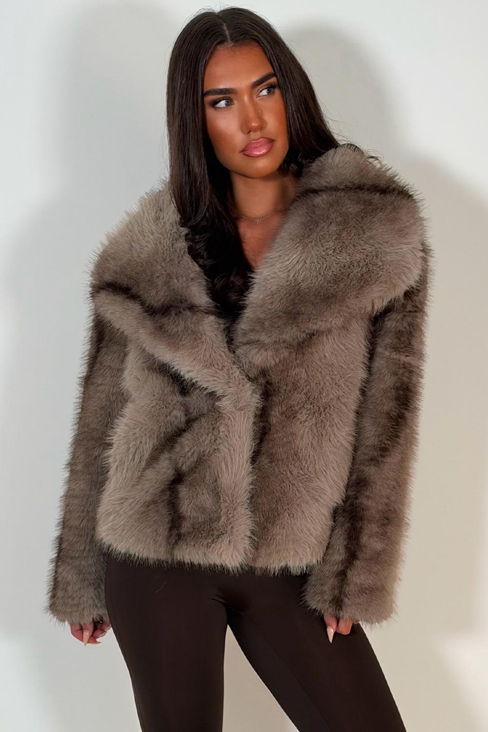 womens ultra soft taupe faux fur winter jacket with collar styledup uk