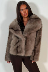 womens ultra soft taupe faux fur winter jacket with collar styledup uk
