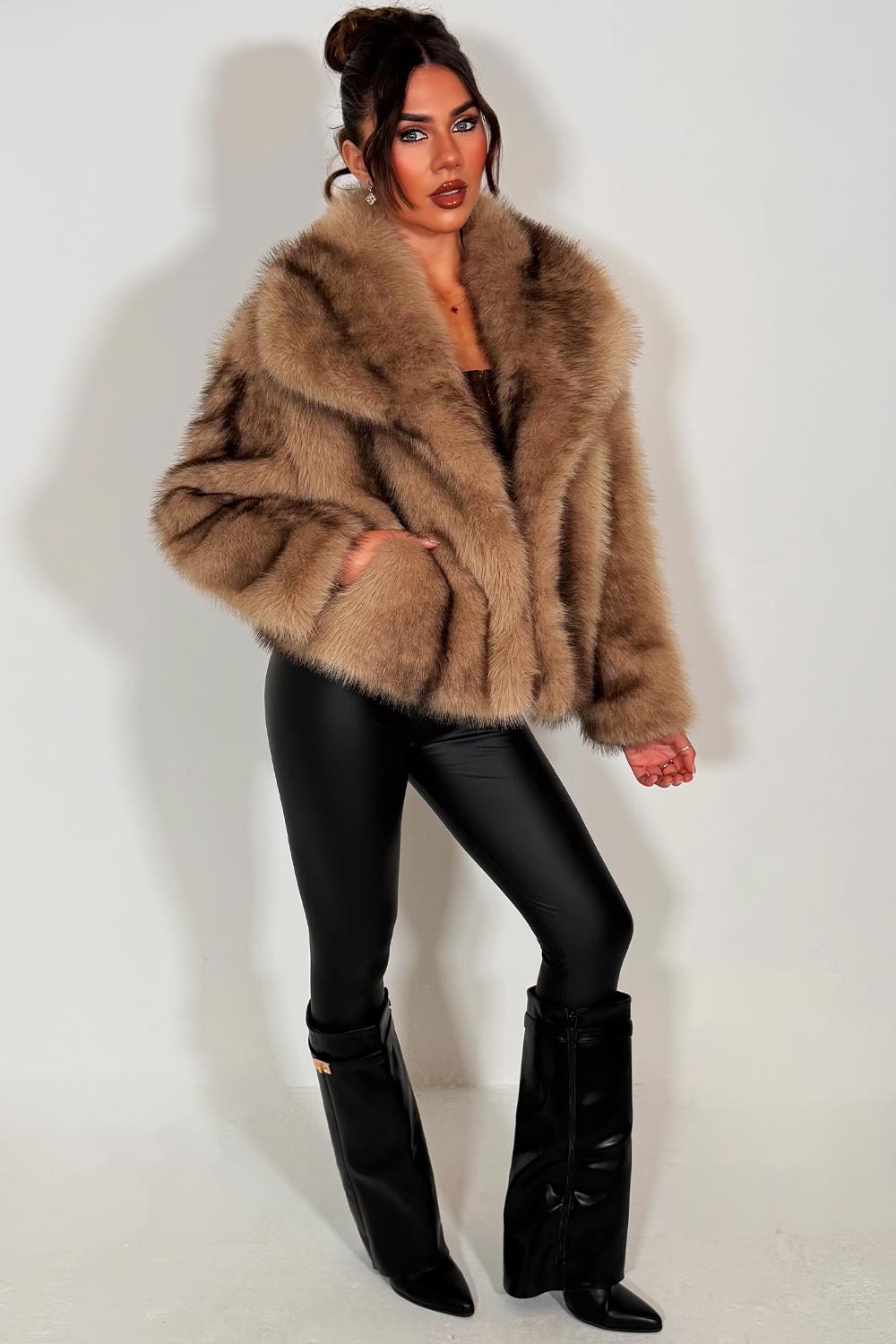 womens faux fur jacket taupe zara uk