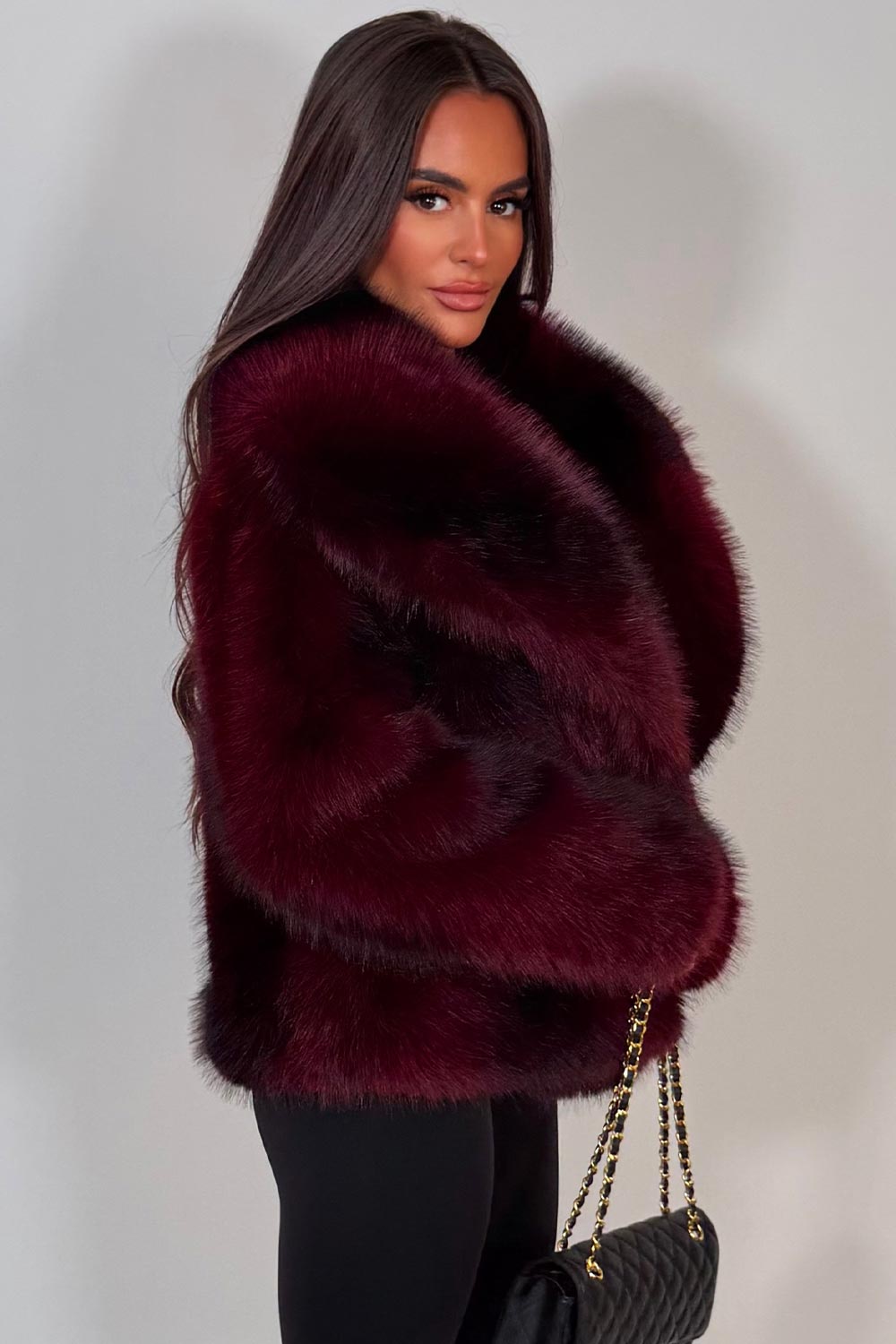 womens burgundy colourway fur jacket for winter zara uk
