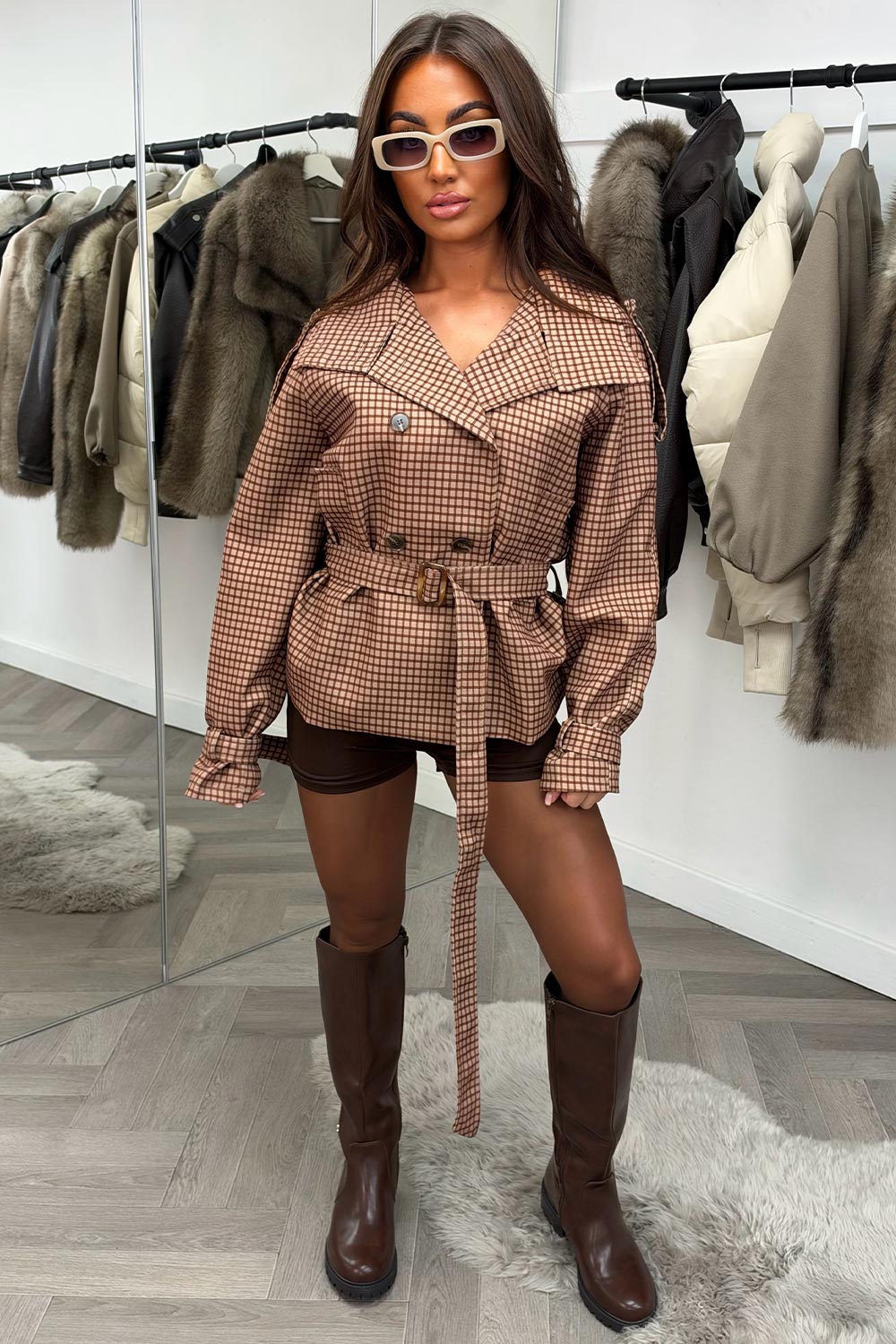 womens zara check print trench jacket with belt cropped styledup uk