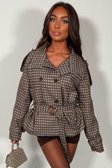 brown check print trench jacket funnel neck styledup uk