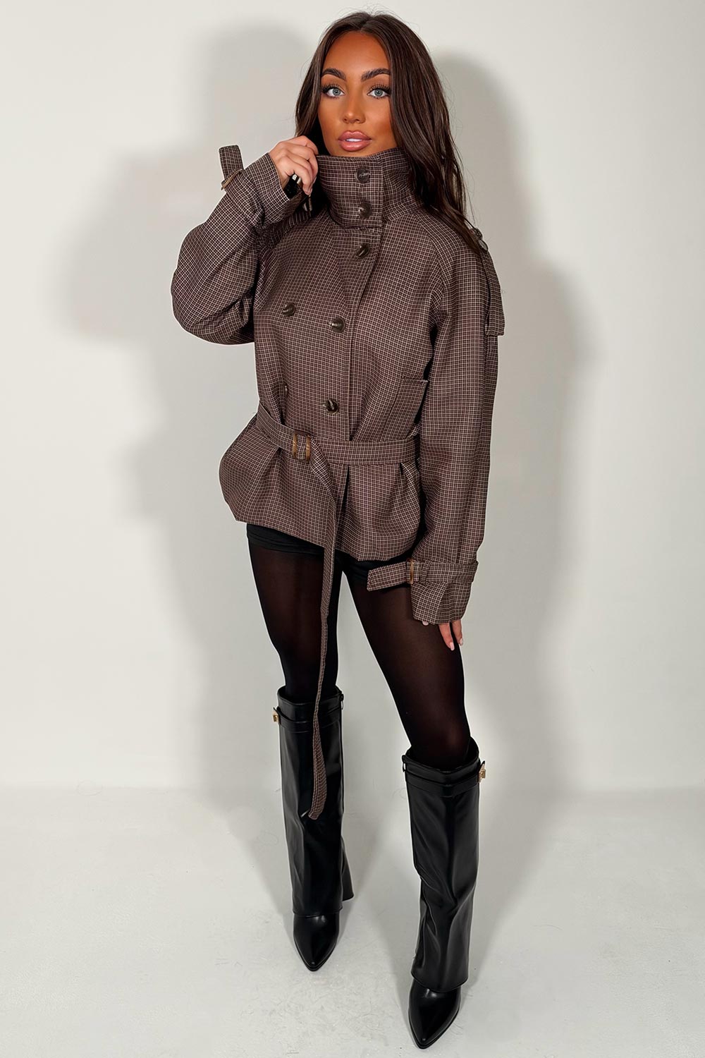 womens cropped checkered trench jacket with belt styledup uk