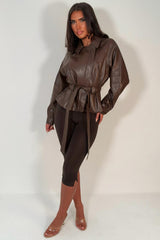 lapel collar faux leather winter jacket for womens with belt styledup uk