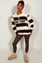 womens stripy new york slogan knitted jumper with long sleeves oversized fit casual daily winter outfit styledup