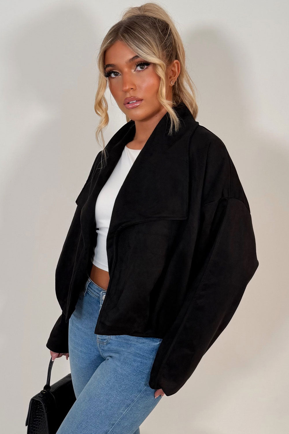 black faux suede jacket with open front womens styledup uk