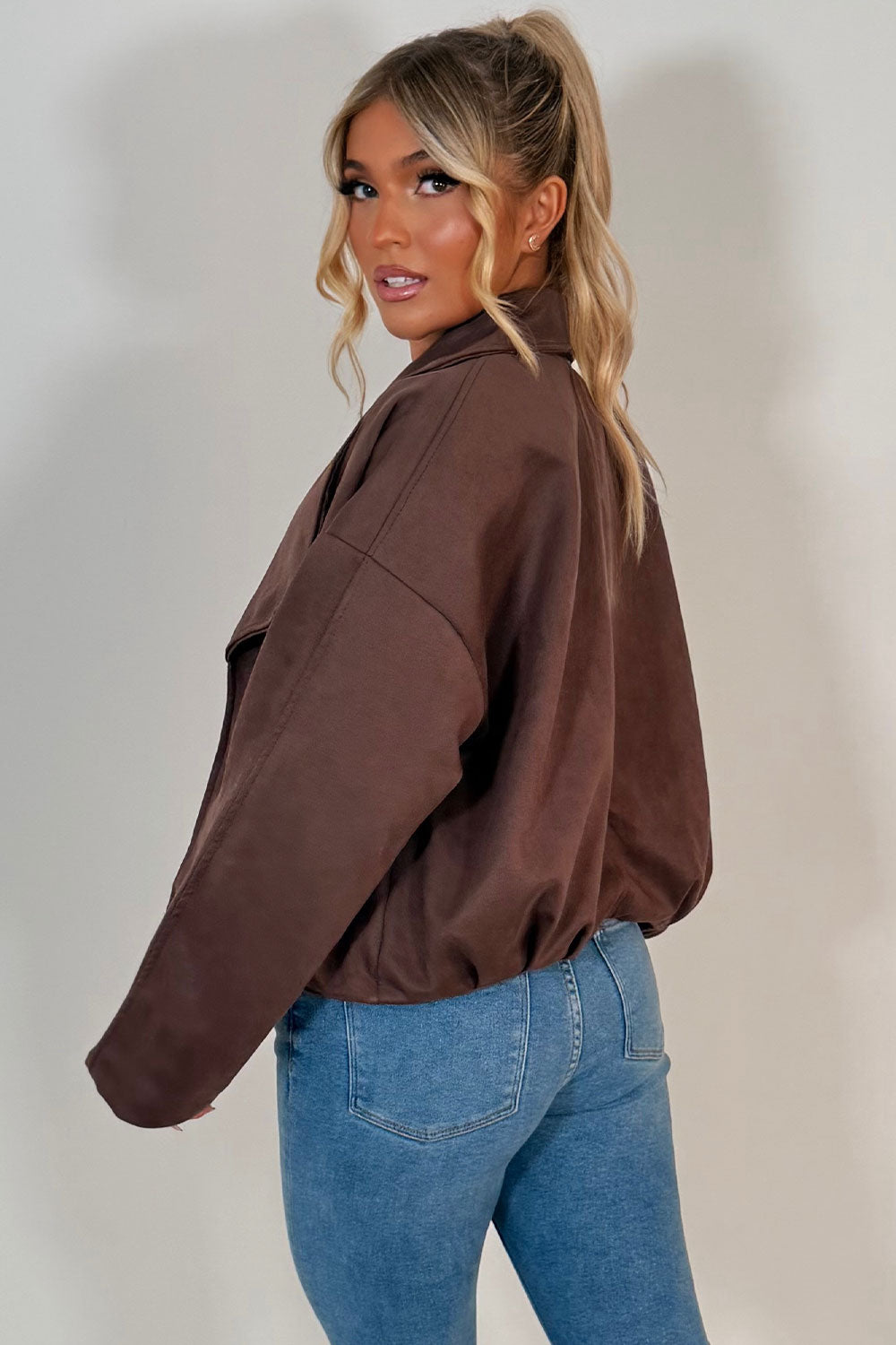 brown faux suede jacket with open front womens styledup uk