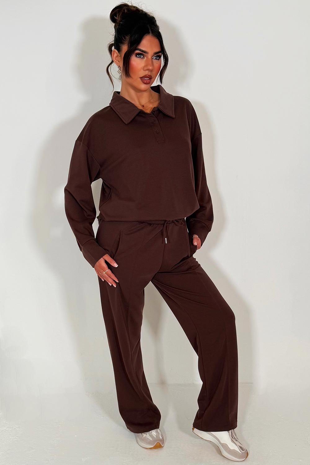 womens loungewear half button up front collared sweatshirt and joggers tracksuit set airport outfit
