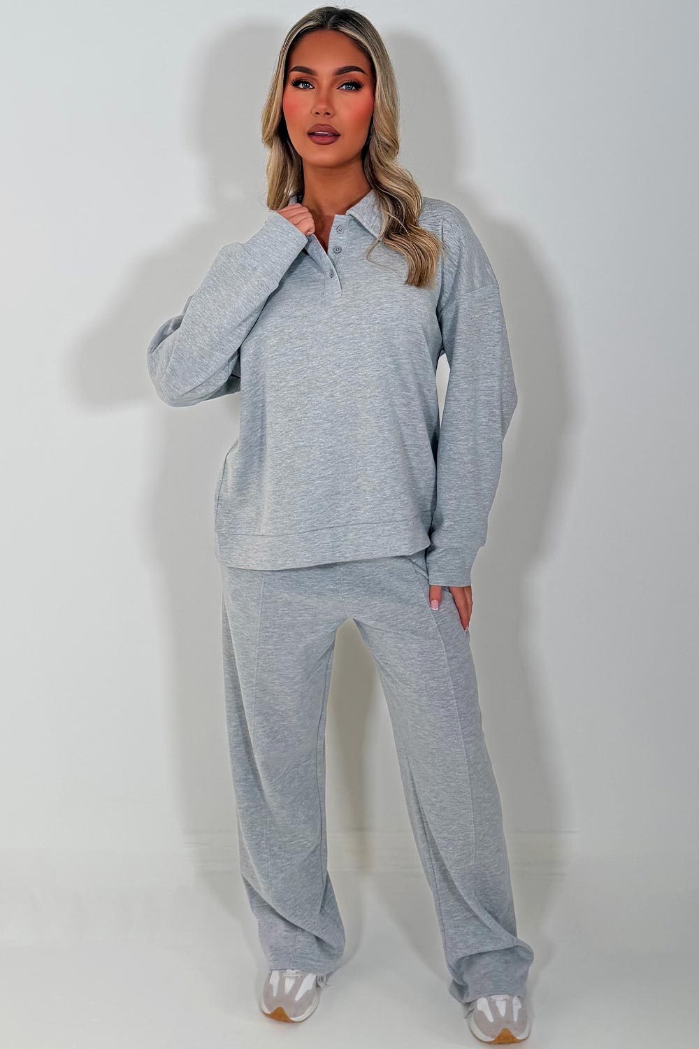 womens half button up front collared sweatshirt and joggers loungewear co ord airport outfit